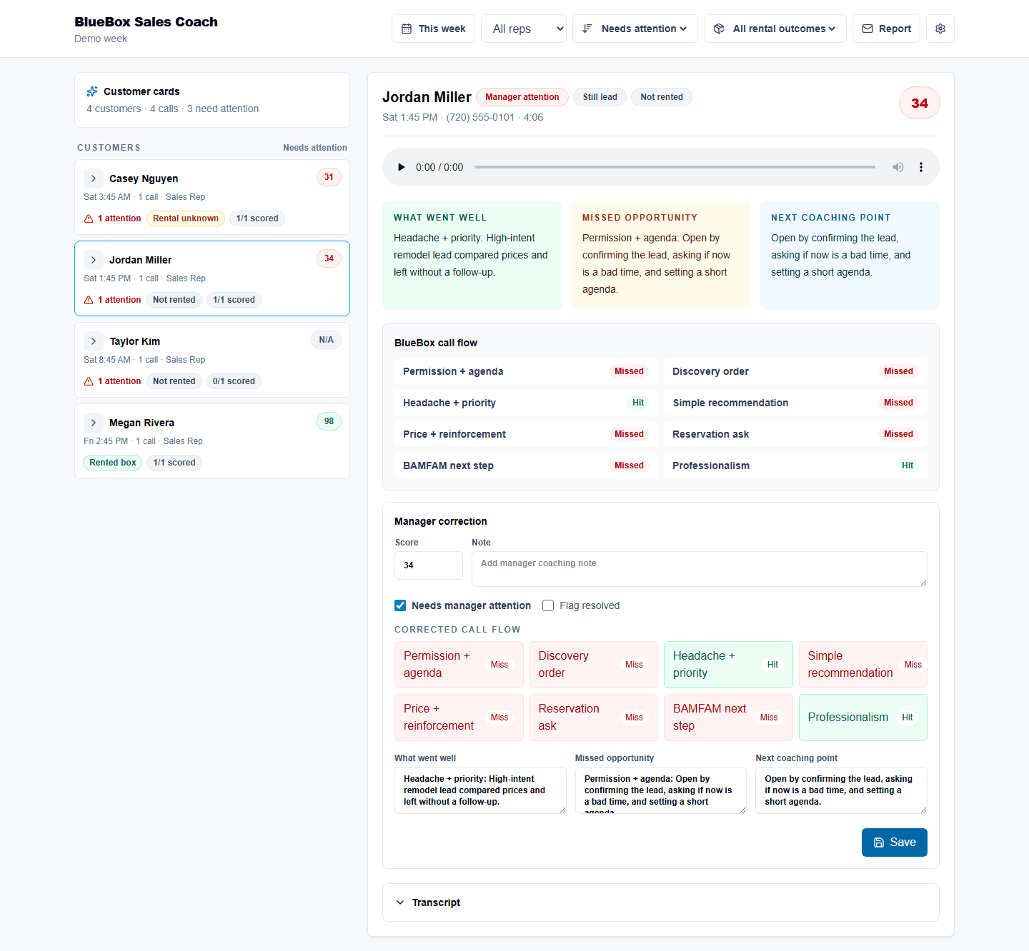 Demo AI sales coaching dashboard with sample calls and manager review controls