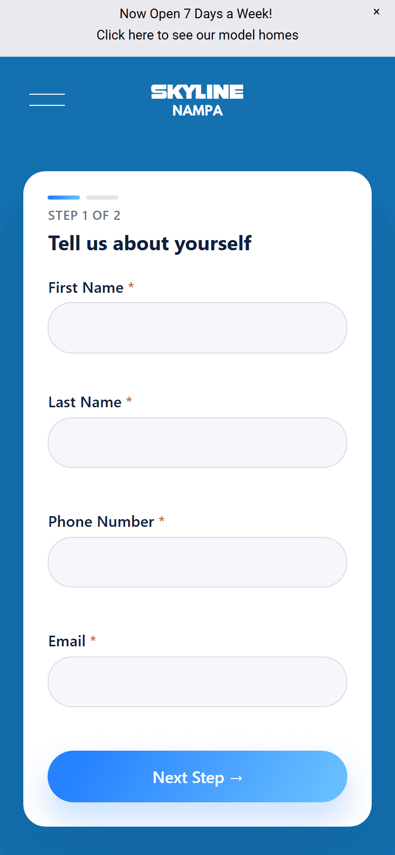 Skyline mobile quote form for a selected floorplan