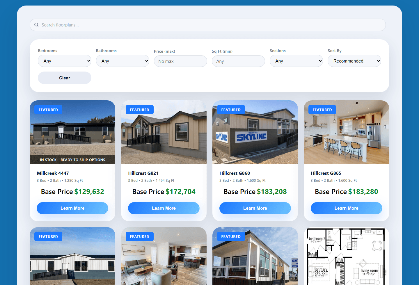 Skyline desktop floorplan search with filters and home cards