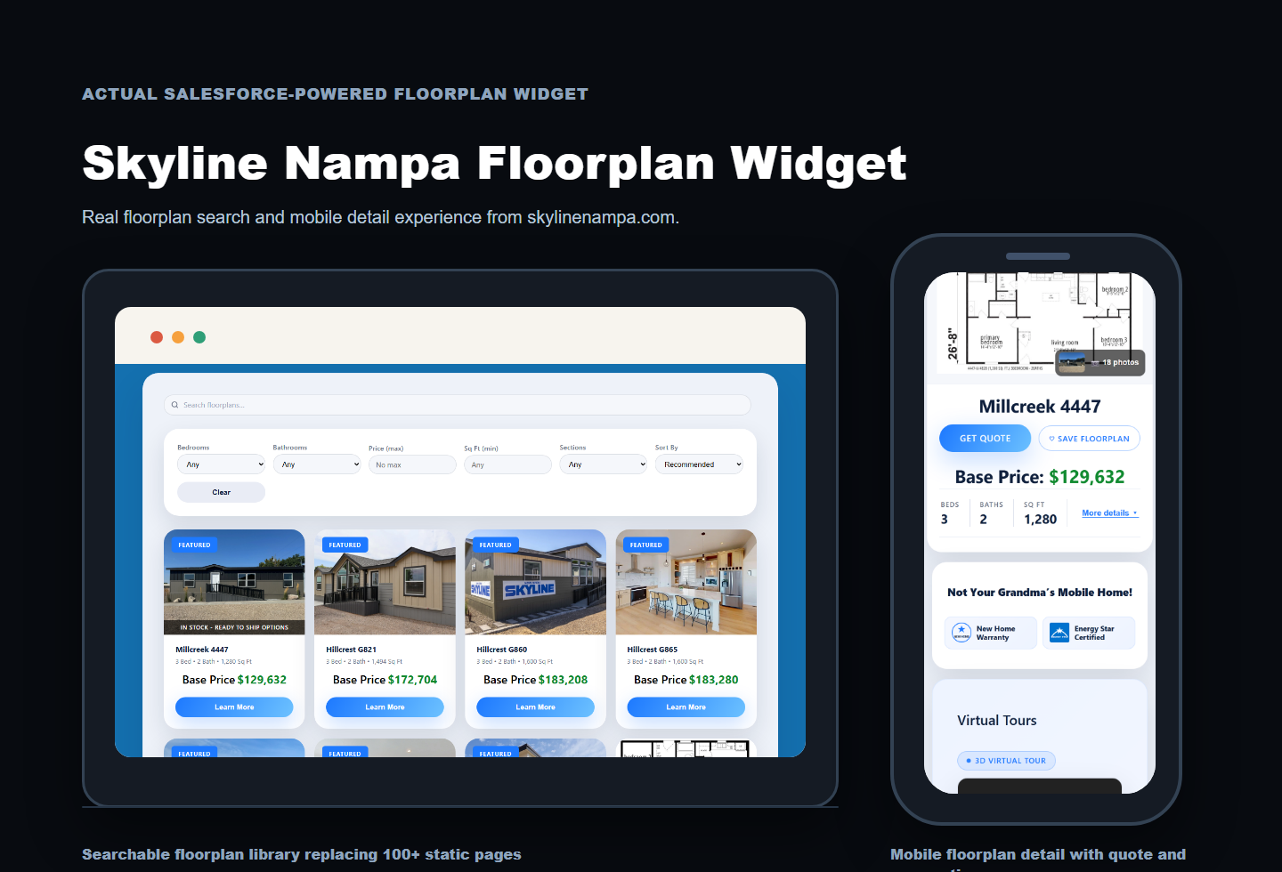 Skyline Nampa searchable floorplan widget and mobile floorplan detail page shown inside desktop and iPhone mockup frames