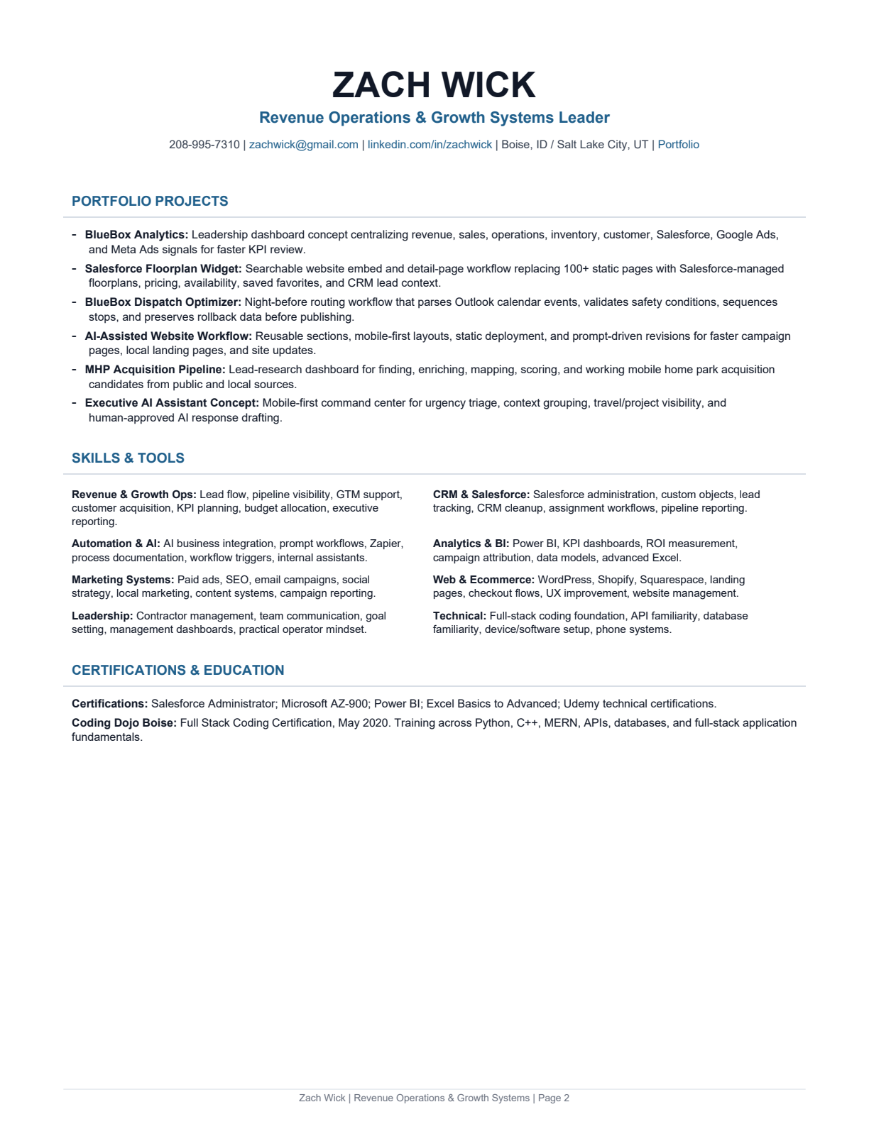 Page 2 of Zach Wick's resume